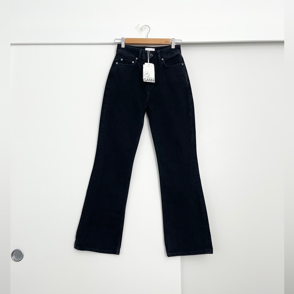 NWT Ganni Betzy Denim Black Flared Organic Cotton Jeans Size 24 W / 34 L